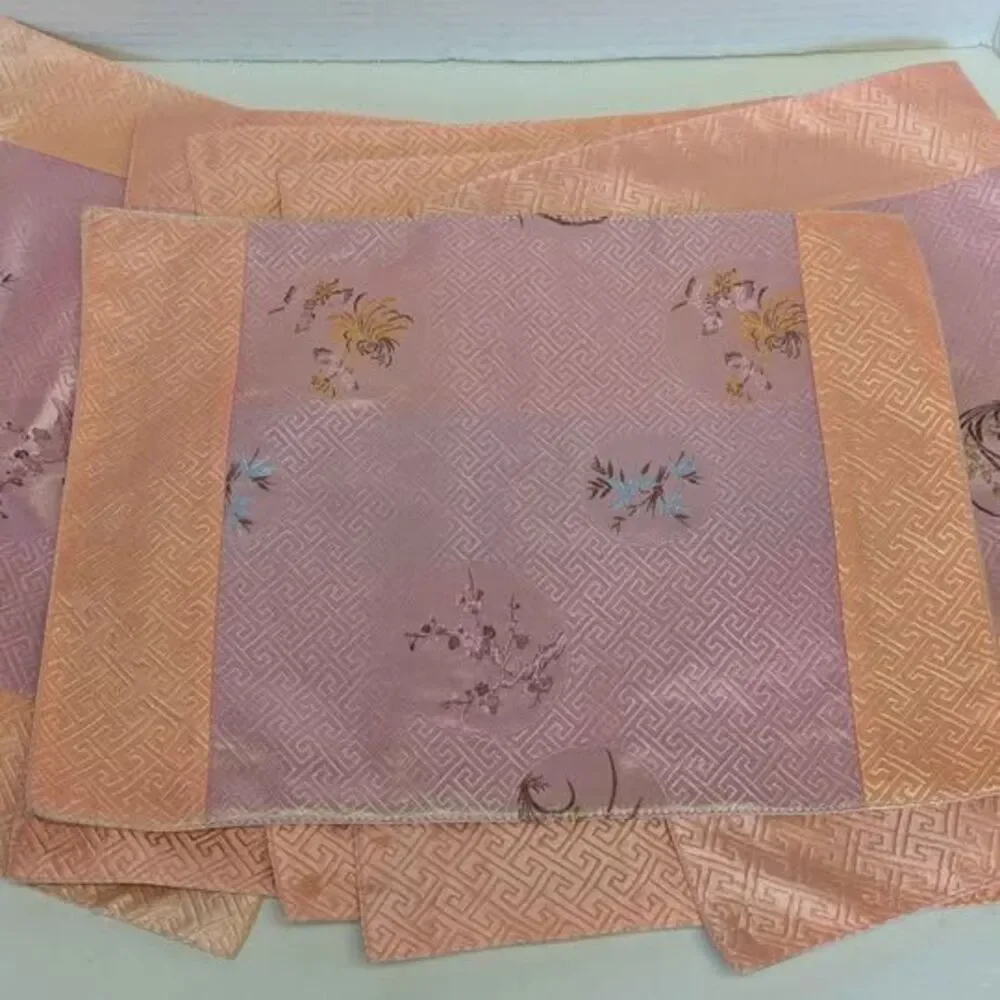 Vintage Set of 6 Pink & Orange Silk Asian-Styled Placemats 14.5x11